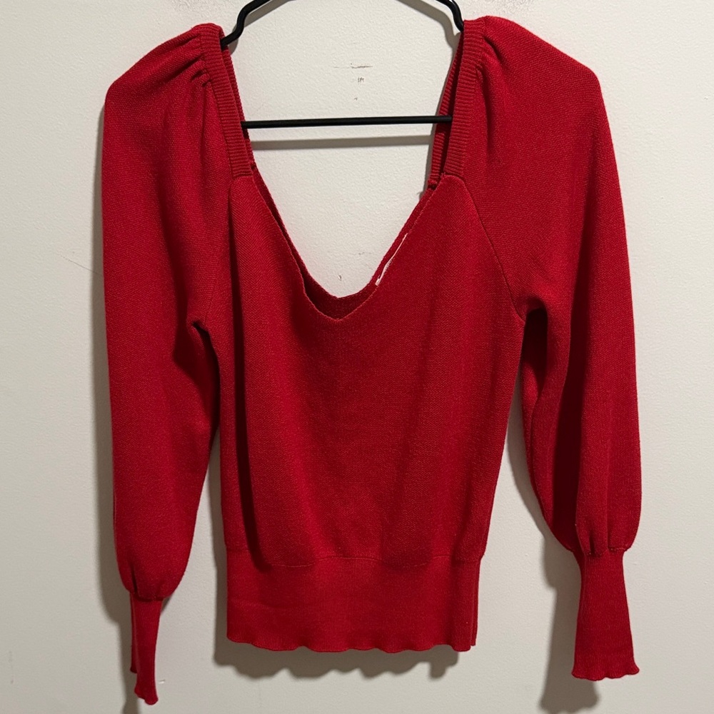 Anthropologie Red V-Neck Puff Sleeve Knit Sweater